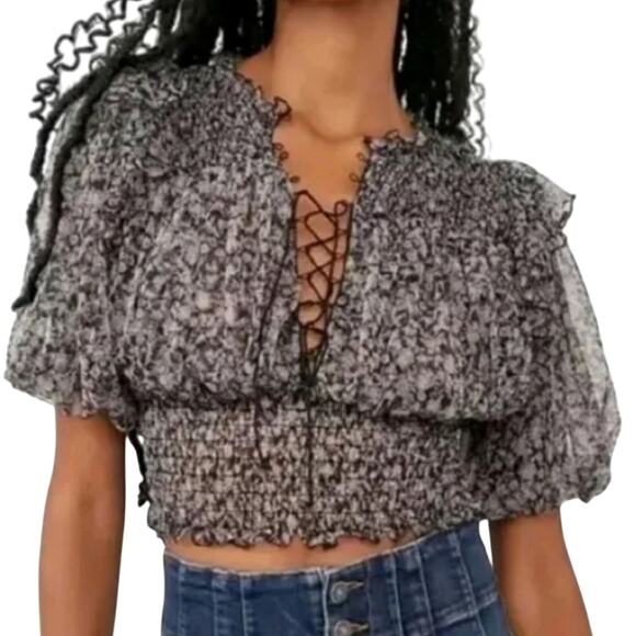 Free People Beatrice Mesh Black Combo Blouse, Size Medium, New with Tag MSRP $88 - Picture 6 of 9